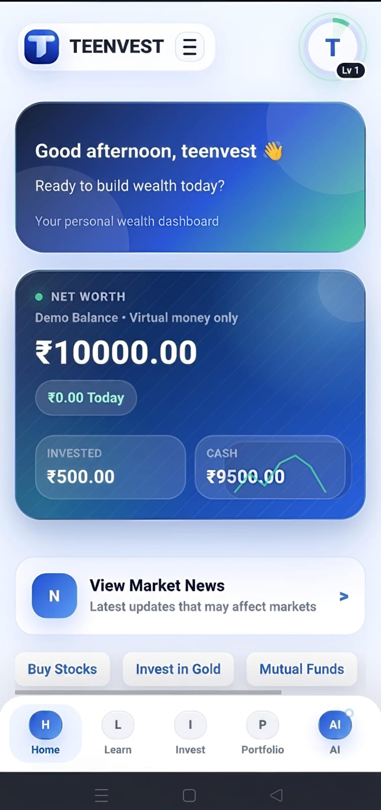 Teenvest home screen showing a teen's virtual investing dashboard